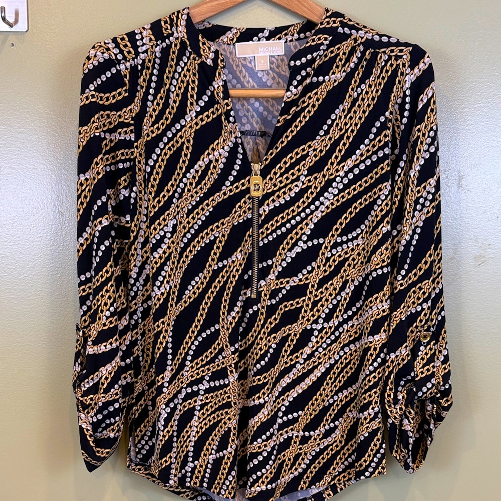 Michael Kors Gold and Black Chain Print Blouse S